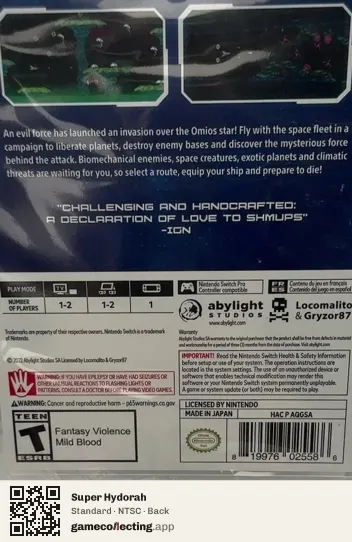 Super Hydorah Nintendo Switch, NTSC box back