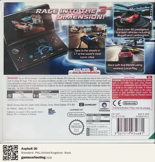 Asphalt 3D Nintendo 3DS, United Kingdom box back