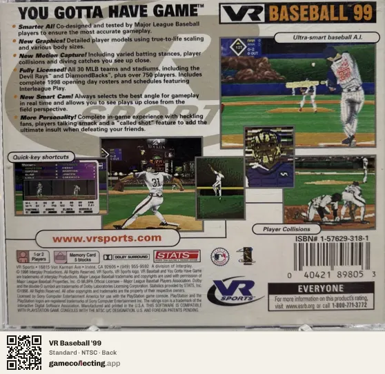 VR Baseball '99 PlayStation, NTSC box back