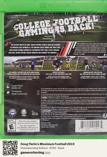 Doug Flutie's Maximum Football 2019 Xbox One, NTSC box back