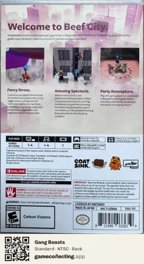 Gang Beasts Nintendo Switch, NTSC box back