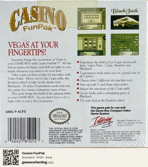 Casino FunPak Game Boy, NTSC box back