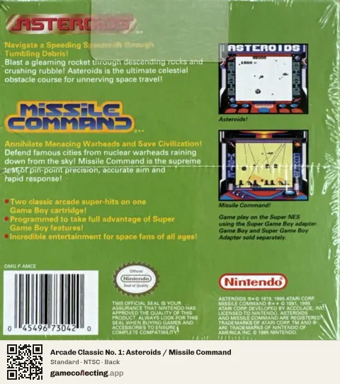 Arcade Classic No. 1: Asteroids / Missile Command Game Boy, NTSC box back
