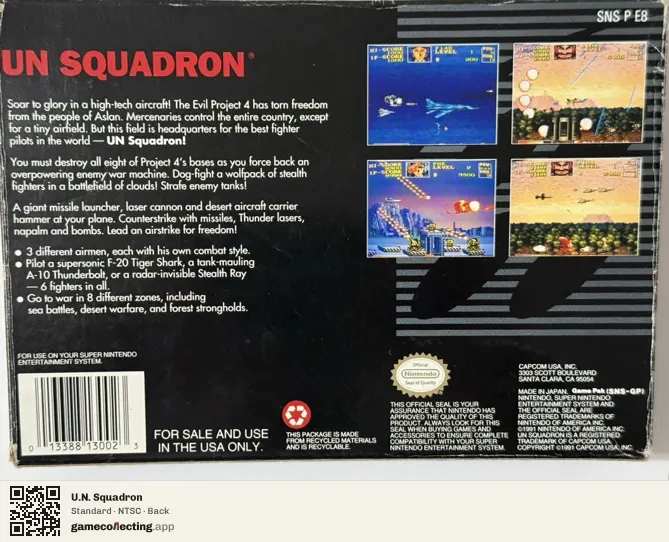 U.N. Squadron Super Nintendo Entertainment System, NTSC box back