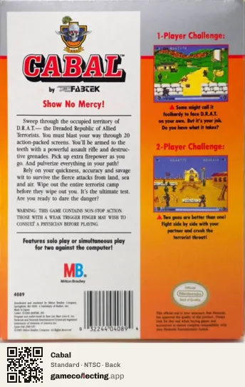 Cabal Nintendo Entertainment System, NTSC box back