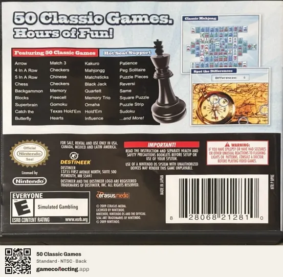50 Classic Games Nintendo DS, NTSC box back