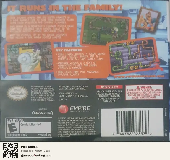 Pipe Mania Nintendo DS, NTSC box back