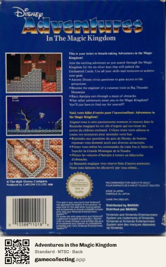 Adventures in the Magic Kingdom Nintendo Entertainment System, NTSC box back