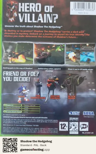 Shadow the Hedgehog Xbox, PAL box back
