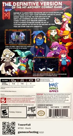 TowerFall Nintendo Switch, NTSC box back