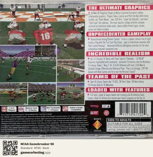 NCAA Gamebreaker 98 PlayStation, NTSC box back