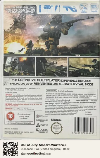 Call of Duty: Modern Warfare 3 Nintendo Wii, United Kingdom box back