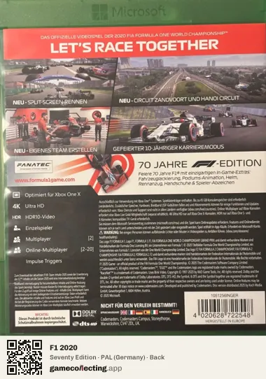 F1 2020 Xbox One, Germany box back