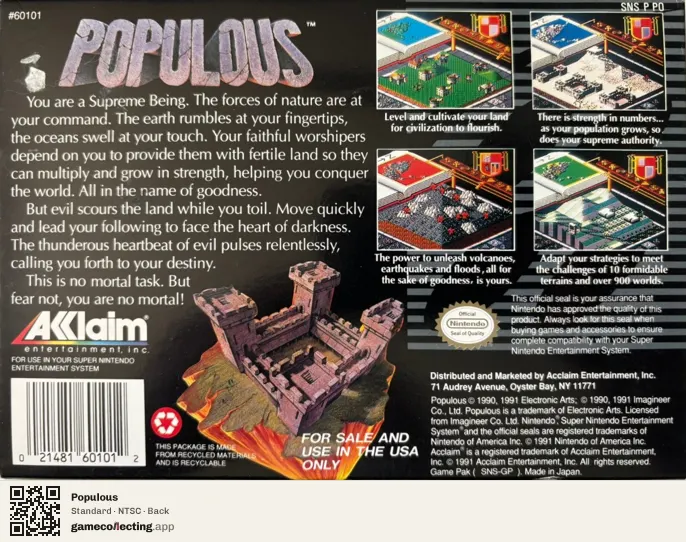 Populous Super Nintendo Entertainment System, NTSC box back