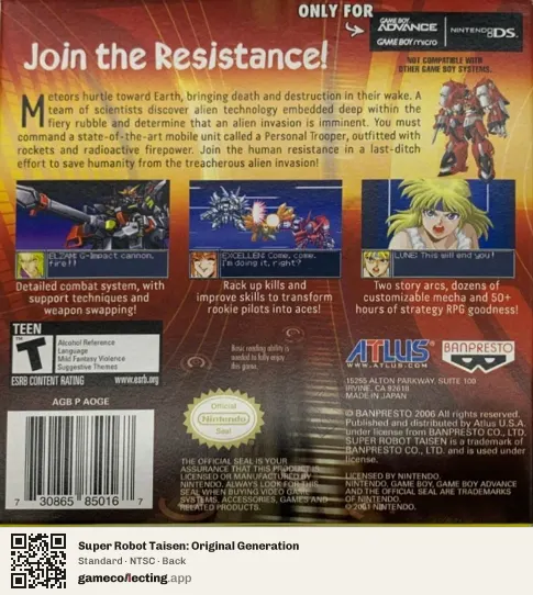 Super Robot Taisen: Original Generation Game Boy Advance, NTSC box back