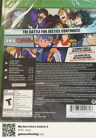 My Hero One's Justice 2 Xbox One, NTSC box back