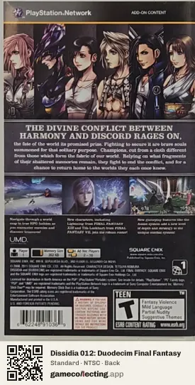 Dissidia 012: Duodecim Final Fantasy PlayStation Portable, NTSC box back