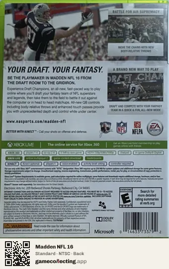 Madden NFL 16 Xbox 360, NTSC box back