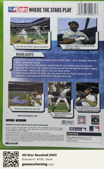 All-Star Baseball 2003 Xbox, NTSC box back