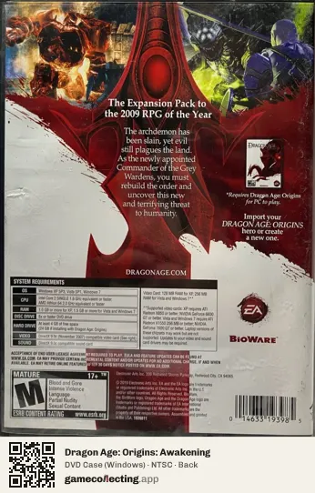 Dragon Age: Origins: Awakening Computer, NTSC box back