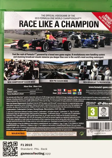 F1 2015 Xbox One, PAL box back