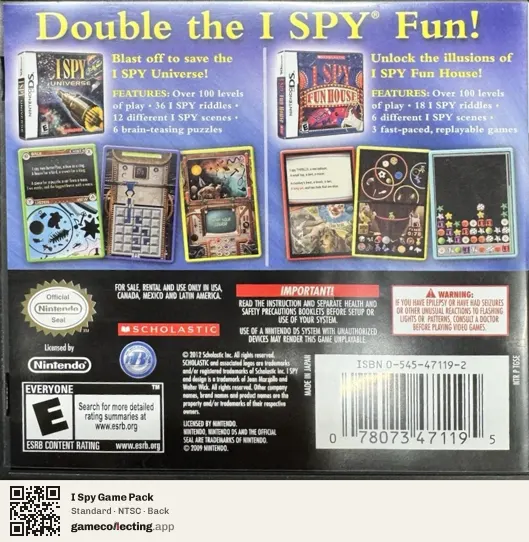 I Spy Game Pack Nintendo DS, NTSC box back