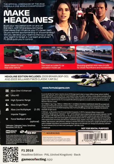 F1 2018 Xbox One, United Kingdom box back