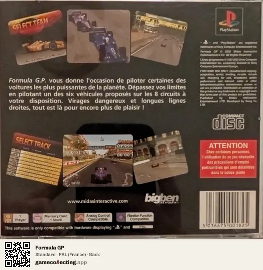 Formula GP PlayStation, France box back