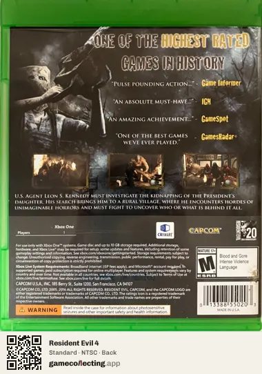 Resident Evil 4 Xbox One, NTSC box back