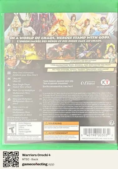 Warriors Orochi 4 Xbox One, NTSC box back