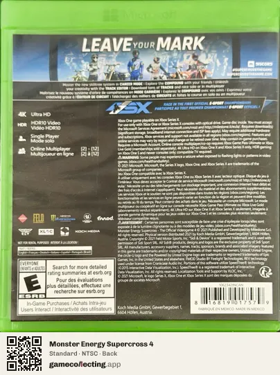 Monster Energy Supercross 4 Xbox One, NTSC box back