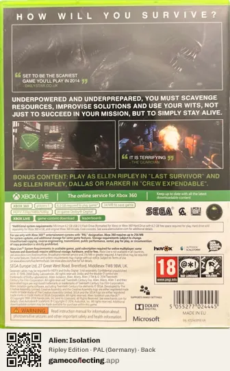 Alien: Isolation Xbox 360, Germany box back