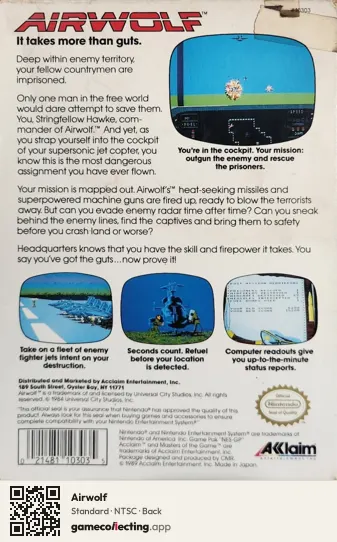 Airwolf Nintendo Entertainment System, NTSC box back