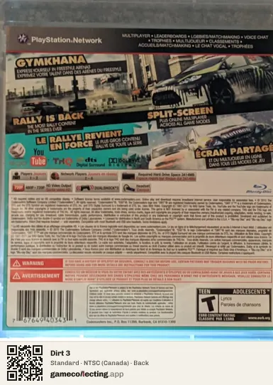 Dirt 3 PlayStation 3, Canada box back