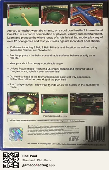 Real Pool PlayStation 2, PAL box back