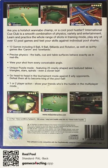 Real Pool PlayStation 2, PAL box back