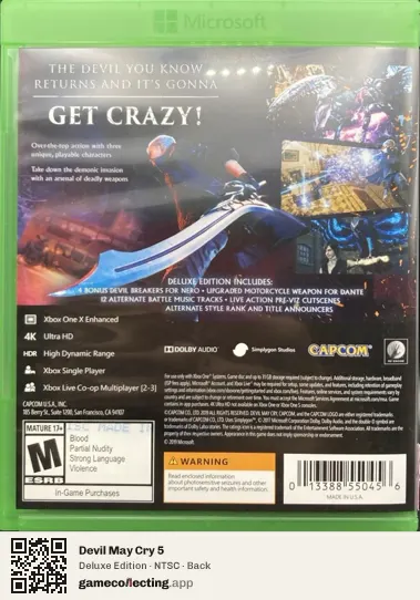 Devil May Cry 5 Xbox One, NTSC box back