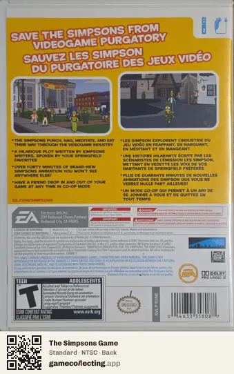 The Simpsons Game Nintendo Wii, NTSC box back