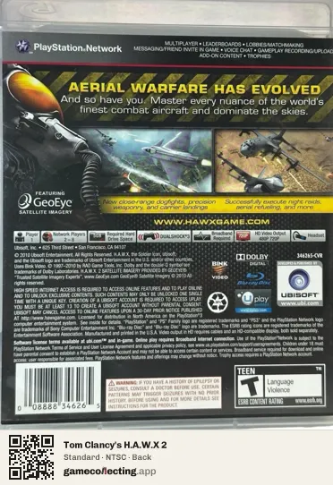 Tom Clancy's H.A.W.X 2 PlayStation 3, NTSC box back