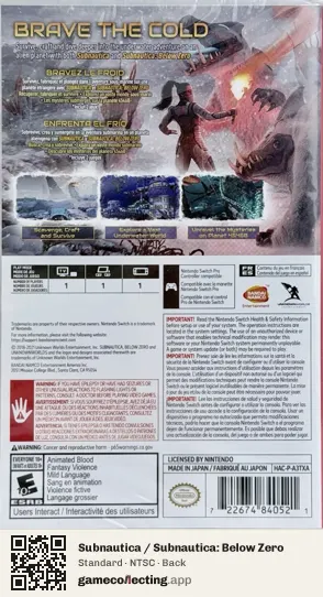 Subnautica / Subnautica: Below Zero Nintendo Switch, NTSC box back