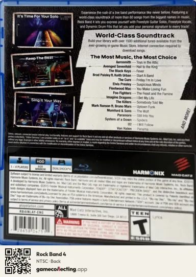 Rock Band 4 PlayStation 4, NTSC box back