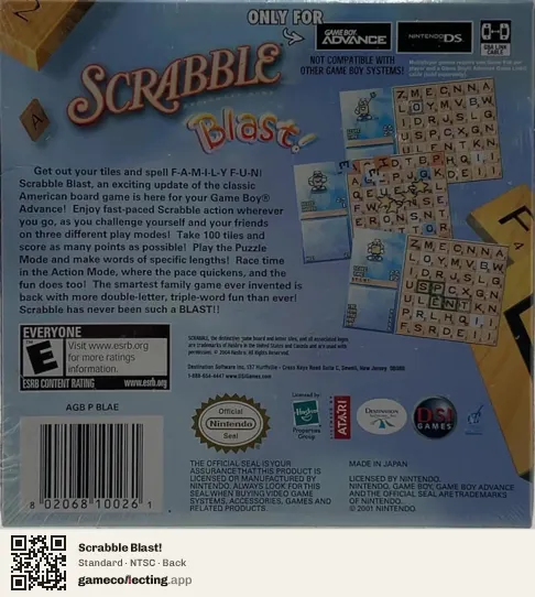 Scrabble Blast! Game Boy Advance, NTSC box back
