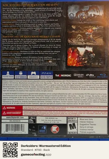 Darksiders: Warmastered Edition PlayStation 4, NTSC box back