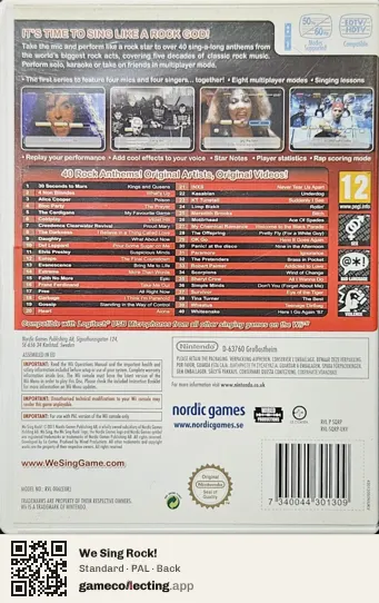 We Sing Rock! Nintendo Wii, PAL box back
