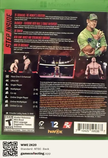 WWE 2K20 Xbox One, NTSC box back