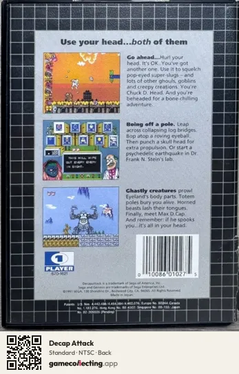 Decap Attack Sega Mega Drive / Genesis, NTSC box back