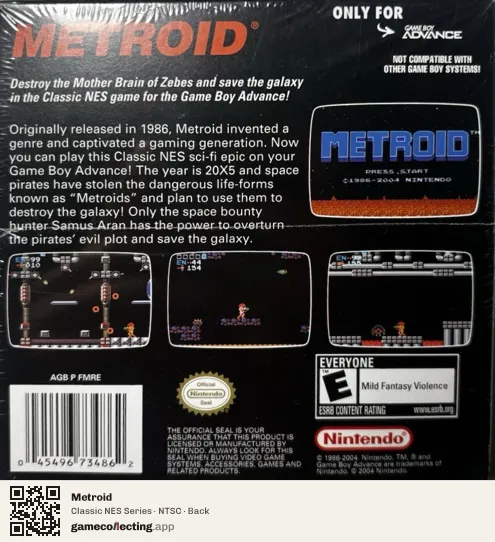 Metroid Game Boy Advance, NTSC box back