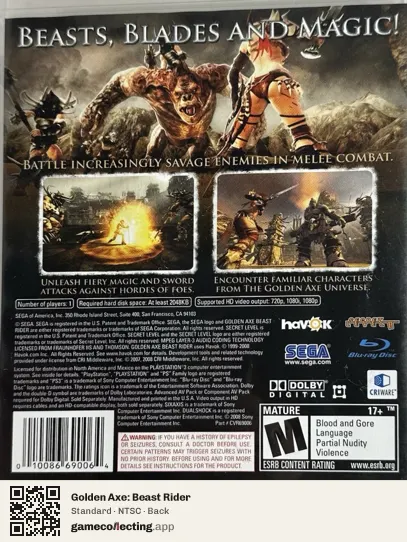 Golden Axe: Beast Rider PlayStation 3, NTSC box back