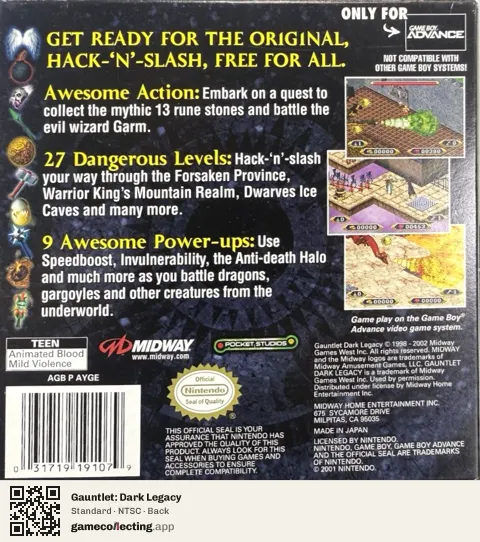 Gauntlet: Dark Legacy Game Boy Advance, NTSC box back