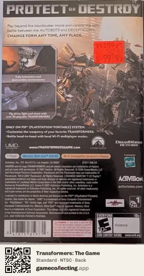 Transformers: The Game PlayStation Portable, NTSC box back